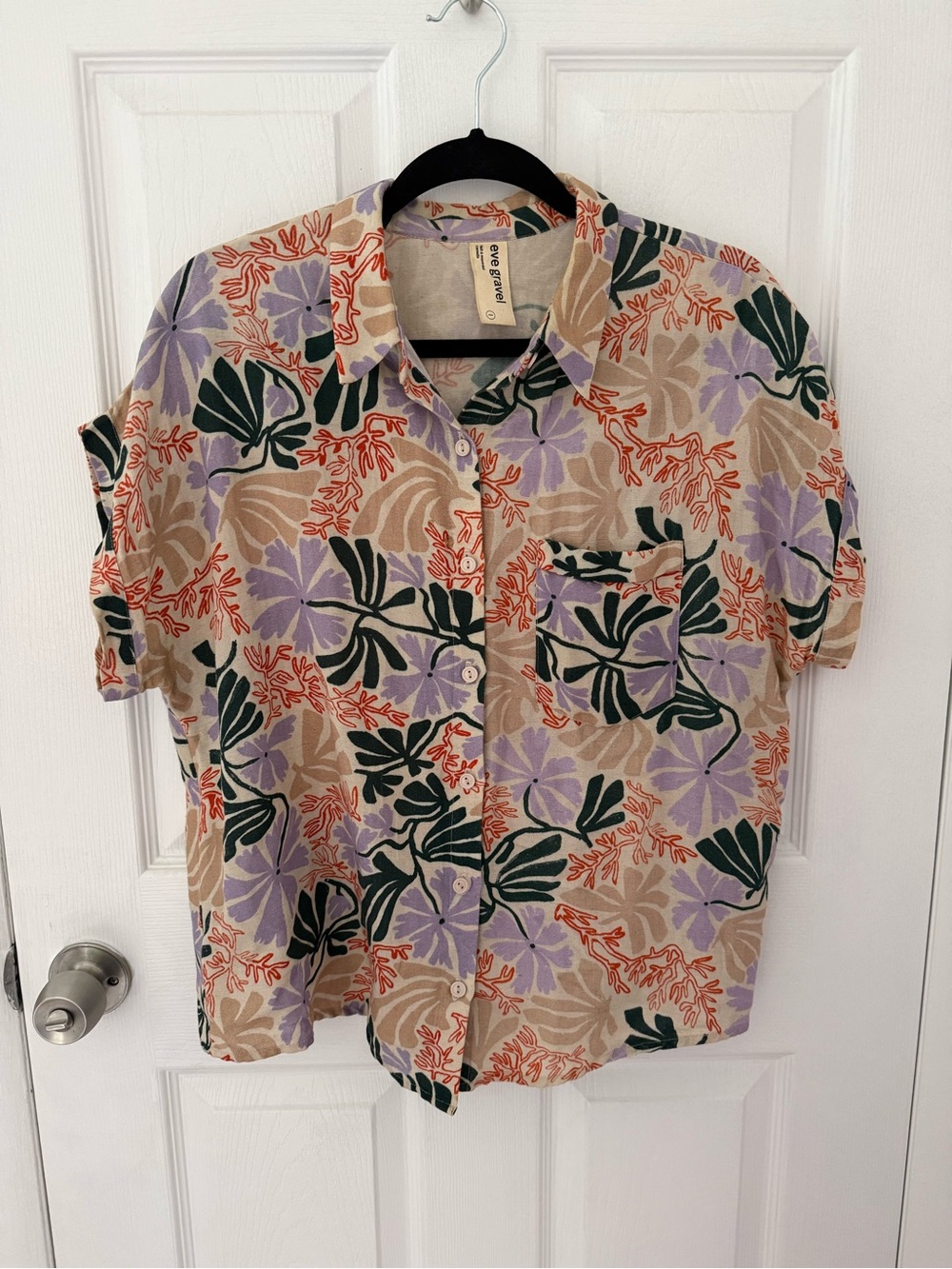 Eve Gravel Lotus Bouquet Floral Linen Blend Top Size Large